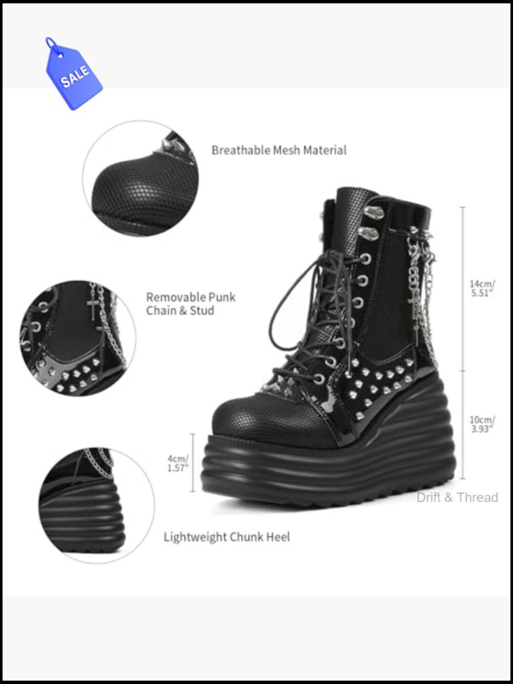 Gothic Ankle Boots Platform Combat Boots with Punk Chains & Studs Lace Up Wedge - Picture 5 of 7
